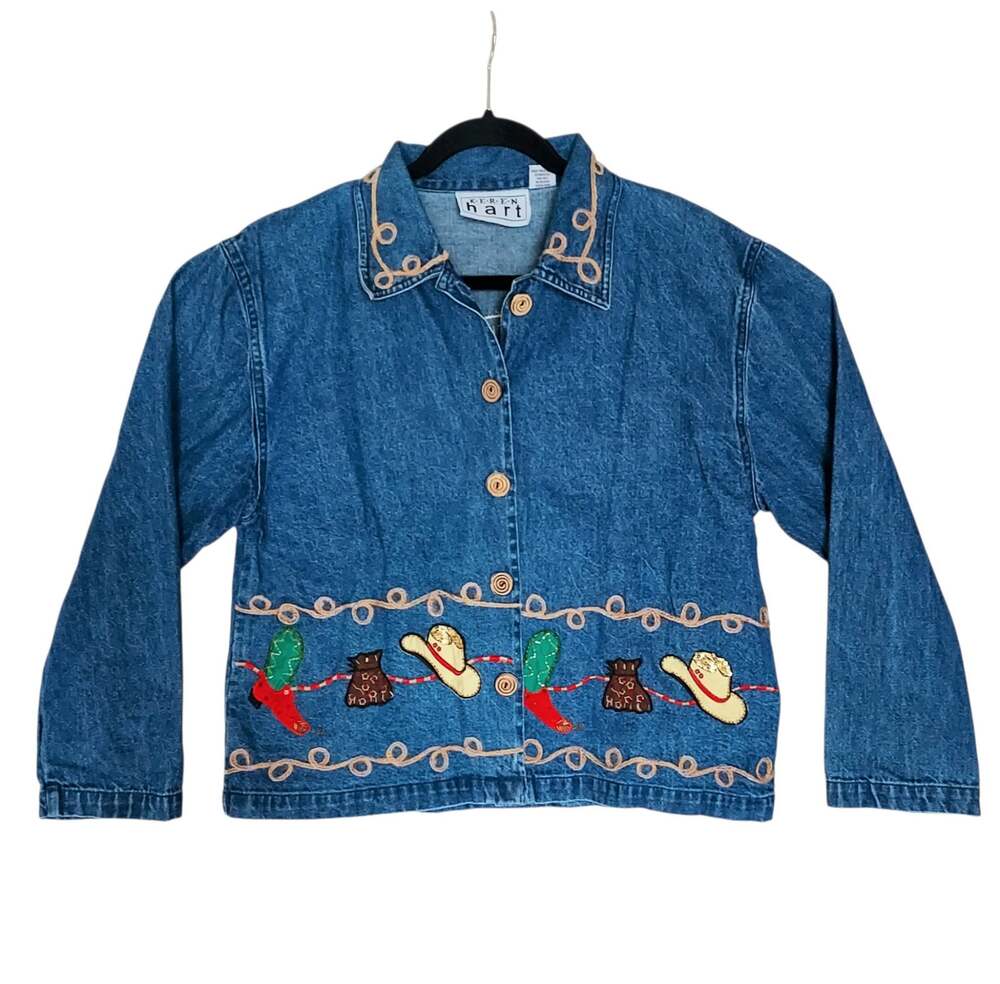 Vintage 90s Keren Hart Cowboy-Themed Embroidered Embellished Denim Shacket Sz M